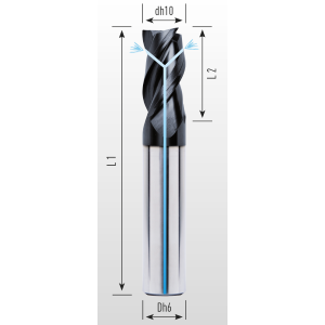 Picture of Three flute end mill with irregular division lapped and coated with coolant holes