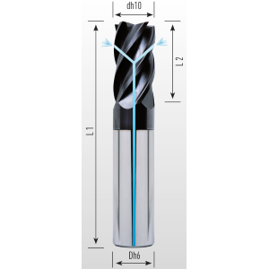 Picture of Five flute end mill with irregular division lapped and coated with coolant holes